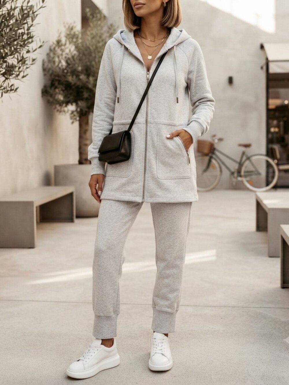 Tory Burch Gray Cotton Hooded Cinch-Waist Lounge Track Suit Y2K Designer Sz S